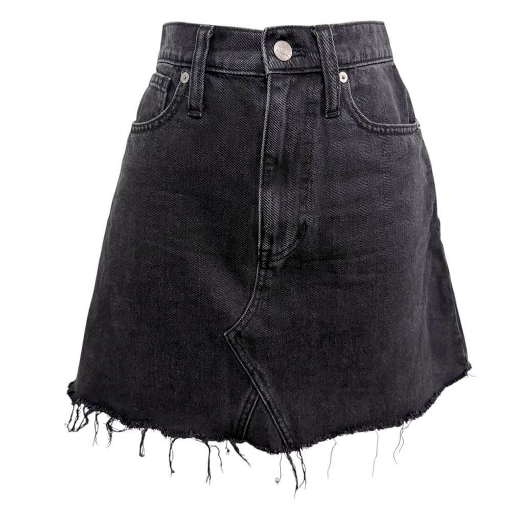Madewell Frisco 70’s High Rise Black Wash Raw Hem A-Line Denim Mini Skirt 27 - Picture 5 of 12